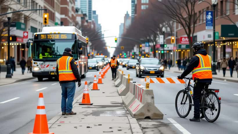 Road crew removing a protected bike lane barrier on a Toronto street while a cyclist waits nearby