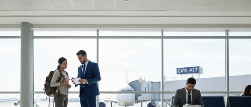 American traveler consulting a lawyer at an airport terminal gate