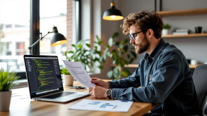 Desarrollador revisando documentos legales de propiedad intelectual en una oficina de startup