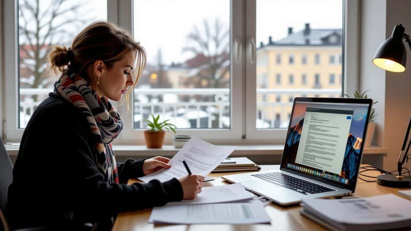 Suomalainen nainen lukee lakimiehen kirjettä kotitoimistossaan, kannettava tietokone auki uutisblogilla