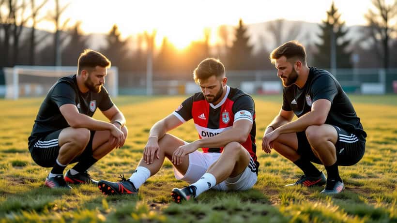 Amateurfußballspieler hält sich verletztes Sprunggelenk auf dem Spielfeld