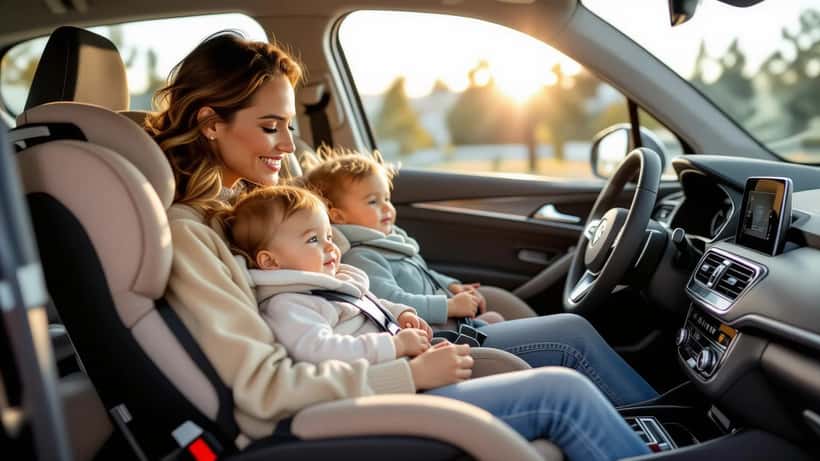 Elternteil sichert Baby in modernem Kindersitz im Auto