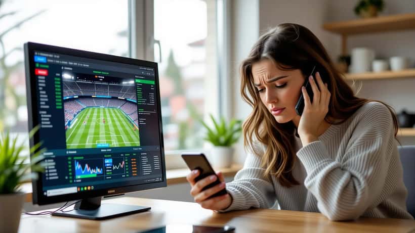 Mand med smartphone viser sportsodds ved køkkenbord med regninger