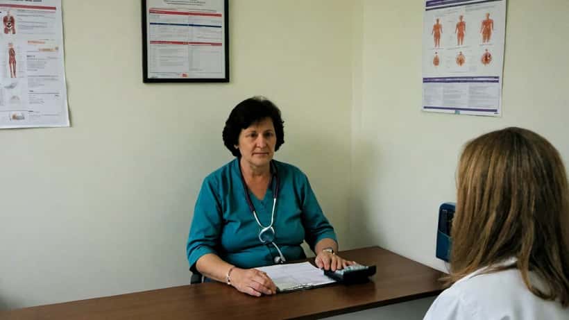 Australian woman discussing bowel cancer screening with GP at clinic
