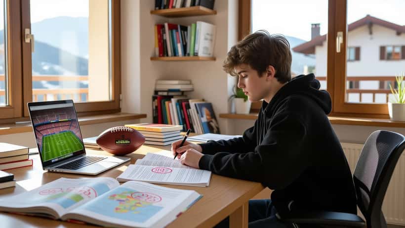 Adolescent révisant la géographie européenne à son bureau avec cartes et notes de football, approche pédagogique du match Birmingham-Barcelone