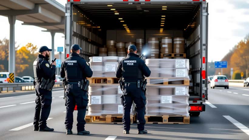 Douaniers fouillant le plancher d'une remorque de camion à un péage de l'A36