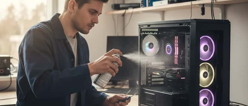 Svensk elektroniktekniker som rengör ett gaming-grafikkort i en verkstad