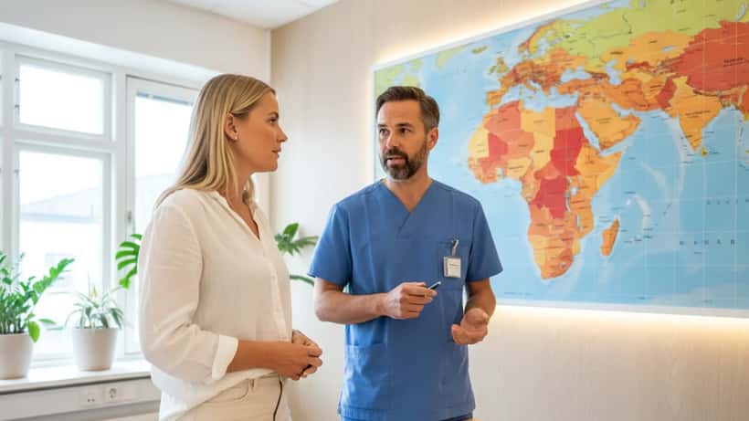 Svensk kvinna på resemedicinsk konsultation i Göteborg diskuterar denguerisker inför tropikresa