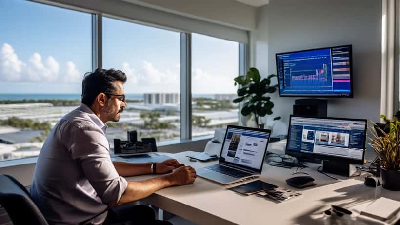 Emprendedor hispano revisando plataformas de streaming en un moderno espacio de trabajo