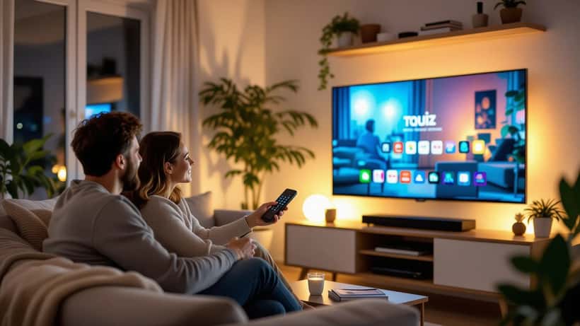 Couple français comparant des téléviseurs dans un salon parisien le soir