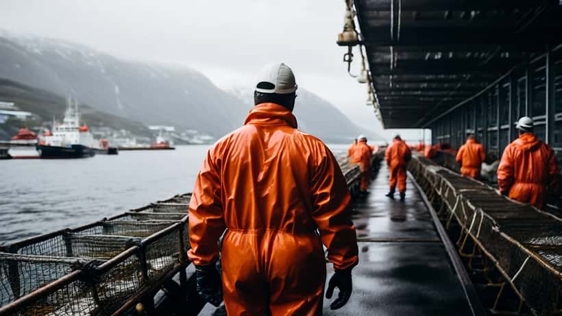 Oppdrettsanlegg i norsk fjord med flytende merder og arbeider på brygge