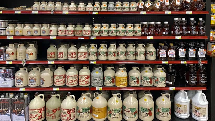 Maple syrup bottles for sale at a grocery store in North America