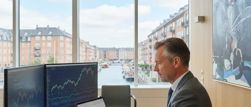 Dansk finansiel rådgiver gennemgår investeringsgrafer på en laptop i et moderne kontor i København