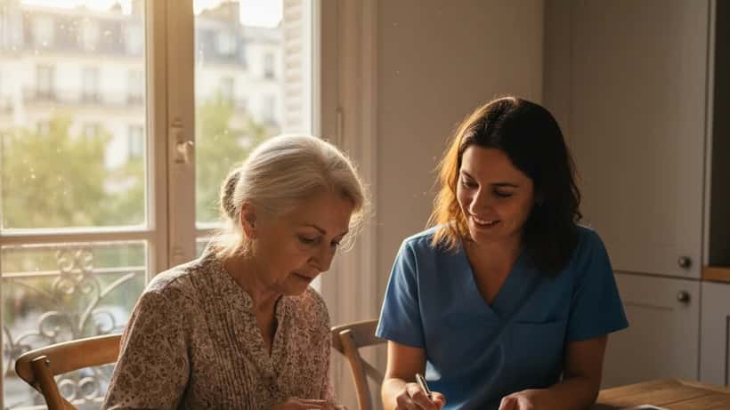 Une senior française et son aide à domicile consultent des documents administratifs à Paris