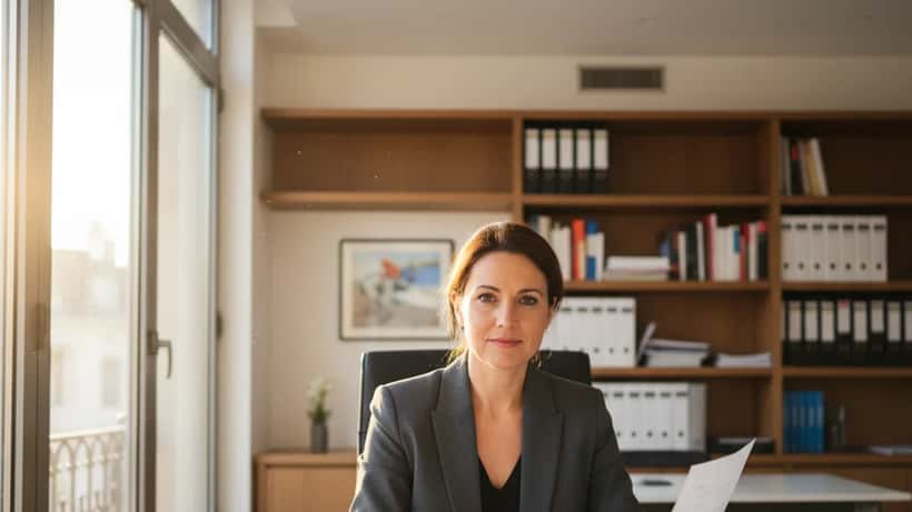 Conseillère en gestion de patrimoine examinant des documents d'épargne salariale dans un bureau à Lyon