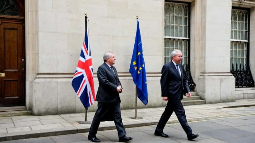 British and European Union flags outside a government building in Westminster, London
