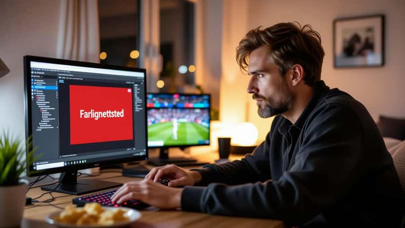 Norsk mann stirrer bekymret på bærbar PC med rød sikkerhetsadvarsel om farlig strømmeside