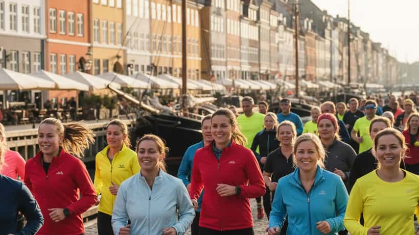Amatørløbere langs Københavns havnefront ved Royal Run i maj solskin