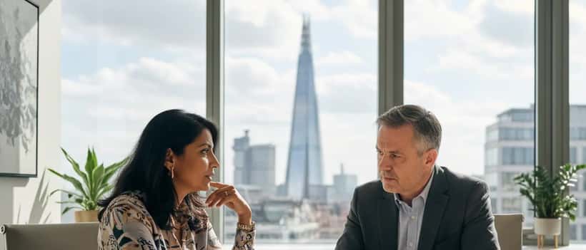 South Asian film director and UK entertainment lawyer reviewing documents in a London office
