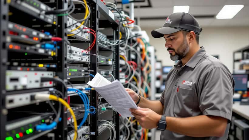 Técnico de IT revisando routers de red en sala de servidores de pequeña empresa en EE.UU.
