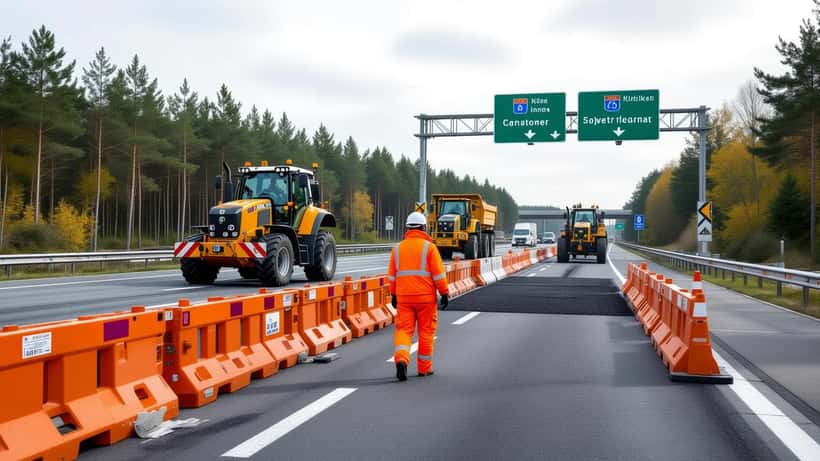 Wegwerkzaamheden op de A76 autosnelweg in Limburg met oranje verkeersbarricades en Rijkswaterstaat-medewerkers