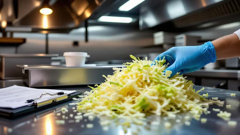 Revet isbergsalat på en stålbenk i et hurtigmatkjøkken, med hanskekledd hånd og matsikkerhetsdokumenter