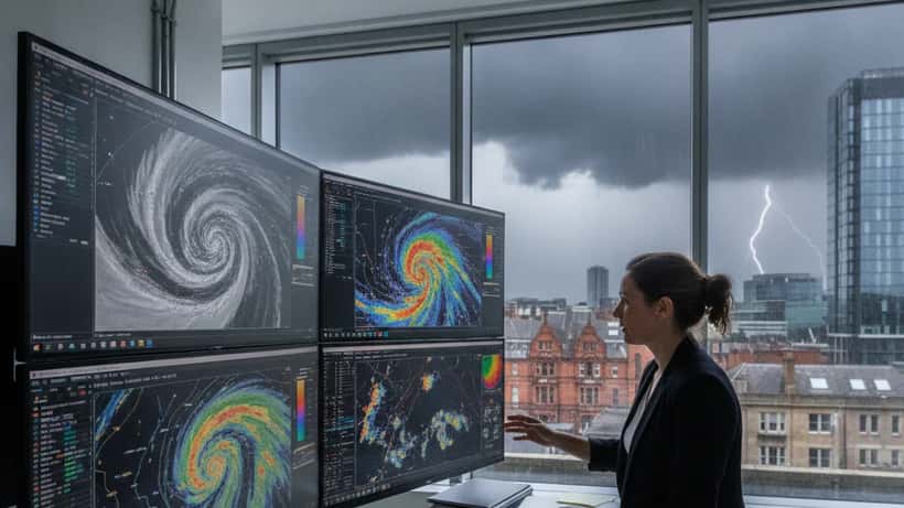 Meteorologist analysing UK weather forecast data on screens