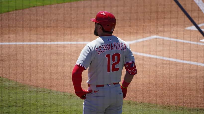 Kyle Schwarber batting in Philadelphia Phillies uniform at spring training, Dunedin Florida