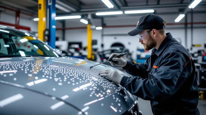 Carrossier réparant le toit grêlé d'une voiture par débosselage sans peinture dans un atelier suisse