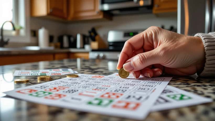 Billets de loterie à gratter empilés, illustrant le risque de dépendance au jeu au Canada