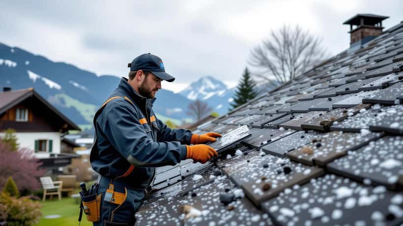 Propriétaire suisse inspectant les dégâts causés par la grêle sur le toit de sa maison après une alerte SRF Meteo