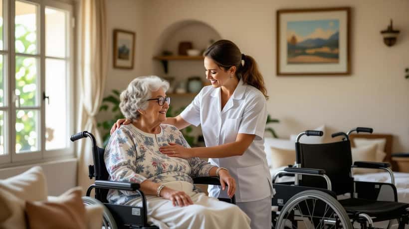 Personne âgée assistée par un aidant dans une maison provençale ensoleillée, fauteuil roulant en arrière-plan