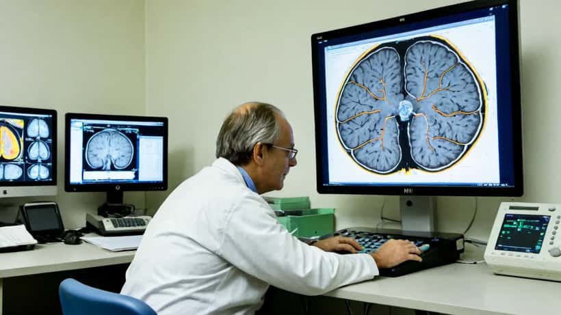 Neuroloog bekijkt hersenscan op monitor in ziekenhuis Amsterdam