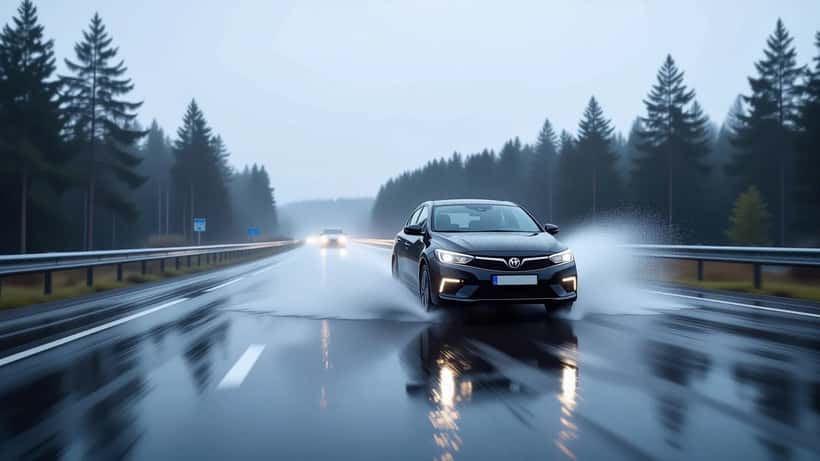Bil kör genom kraftigt regn på en delvis översvämmad väg i Sverige