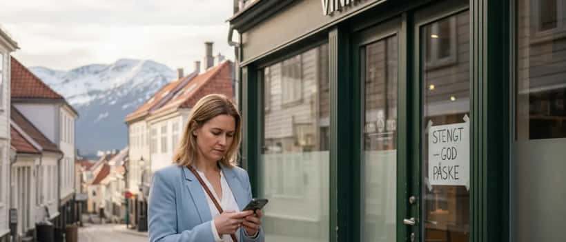 Norsk kvinne foran stengt Vinmonopolet i Oslo under påsken, vårsolskinn