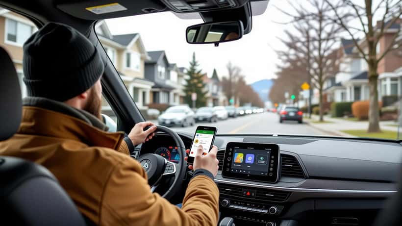 Chauffeur de covoiturage consultant son application sur smartphone dans sa voiture