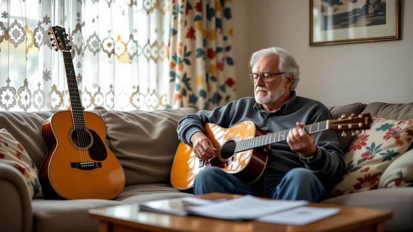 75-jarige man in Nederlandse woonkamer met gitaar en ontslagbrief, documentaire persfoto-stijl