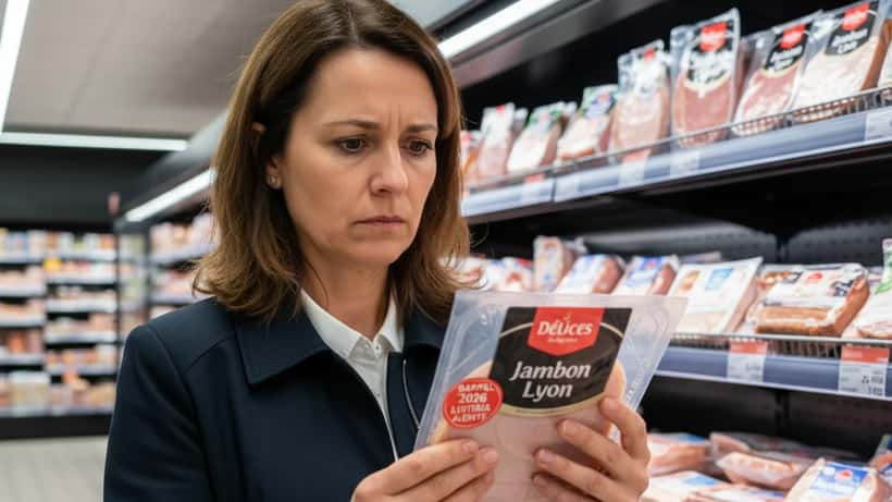 Femme inspectant un paquet de jambon blanc dans un supermarché français