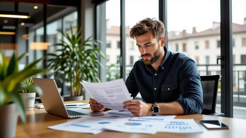 Ung atlet gennemgår investeringsdokumenter med formuerådgiver i moderne kontor i Lyon
