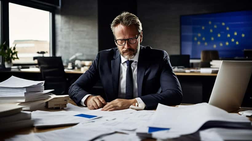 Dansk erhvervsmand gennemgår EU-sanktionsdokumenter i københavnsk kontor med EU- og Dannebrog-flag i baggrunden