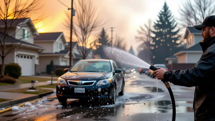 Car covered in grey wildfire ash on a smoky British Columbia street being rinsed with water