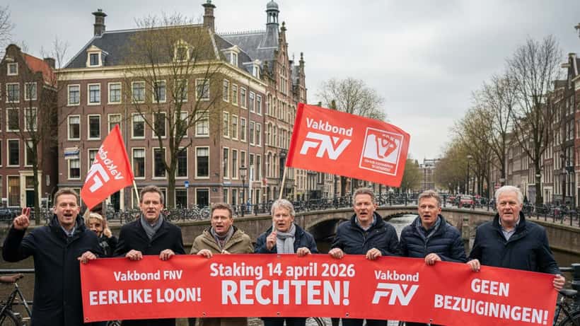 Nederlandse werknemers met stakingsborden voor een overheidsgebouw in Amsterdam