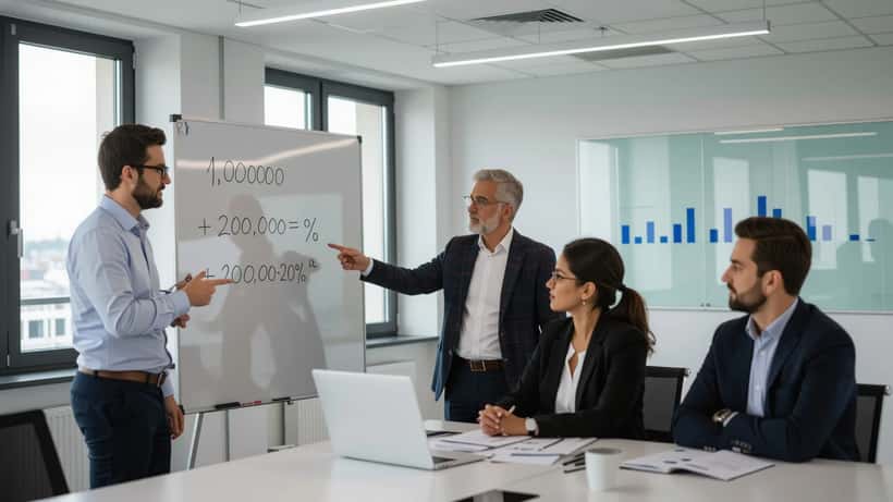 Startup-Gründer präsentiert Unternehmensbewertung an Whiteboard vor skeptischen Investoren in Frankfurt