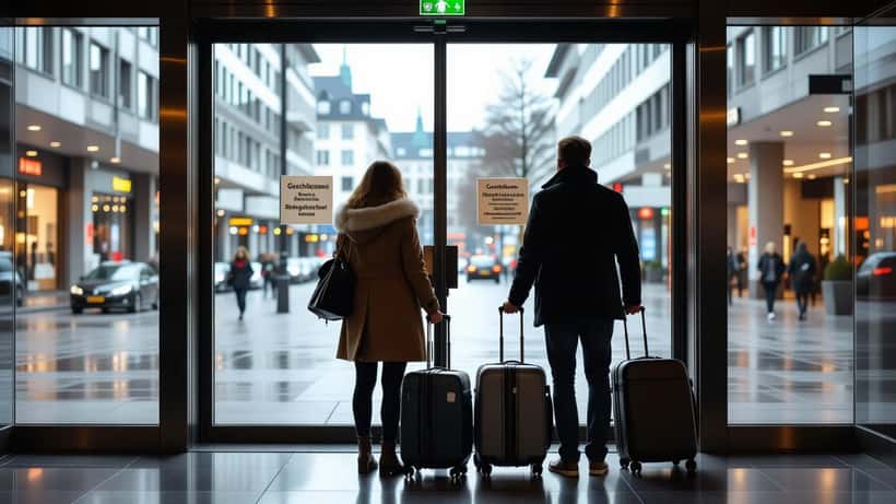 Deutsches Paar mit Koffern vor geschlossenem Hotel nach Revo-Hospitality-Insolvenz 2026