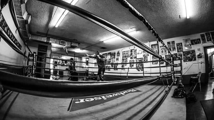A boxer training in a professional boxing gym, representing athletic preparation and fighter rights