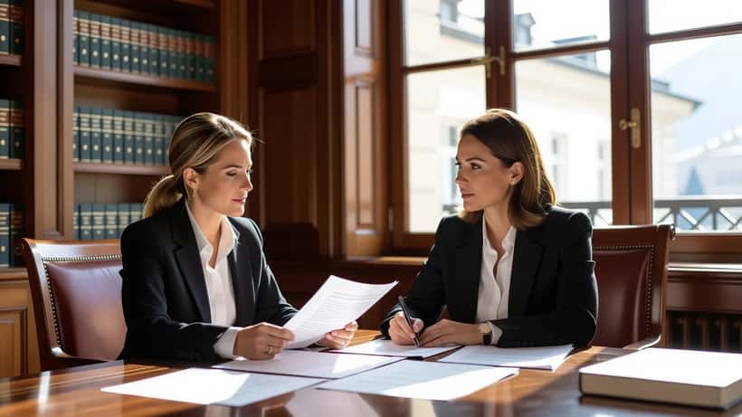 Femme consultant un avocat dans un bureau lausannois, documents juridiques de protection contre le harcèlement sur la table