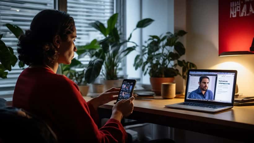 Mulher brasileira preocupada olhando alerta de perfil falso no smartphone
