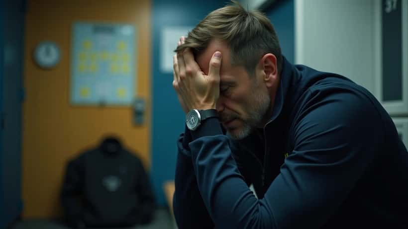 Uitgeputte voetbalcoach op de bank in een kleedkamer na een zware nederlaag