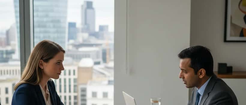 British woman consulting an immigration lawyer in a modern London office with documents