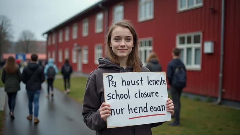 Studenter utenfor Follo folkehøgskole protesterer mot nedleggelsen i april 2026